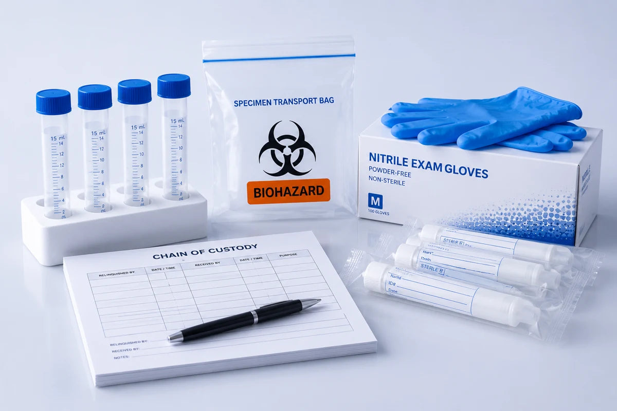 Lab Supplies, specimen tubes, biohazard transport bag, nitrile gloves, chain of custody